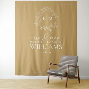 Gouden Bladerige Crest Monogram Huwelijksfoto Tapi Wandkleed