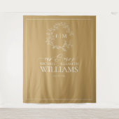 Gouden Bladerige Crest Monogram Huwelijksfoto Tapi Wandkleed (Voorkant)