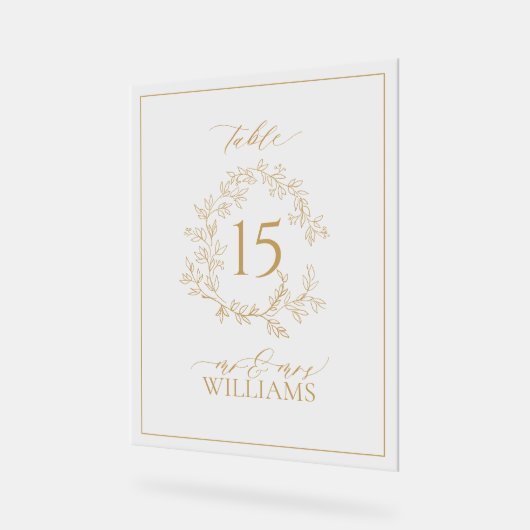 Gouden Bladerige Crest Monogram Trouw Tafelnummer Acryl Bord (Hoek)