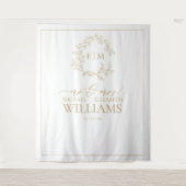 Gouden Bladerige Crest Monogram Trouwfoto Wandkleed (Voorkant)