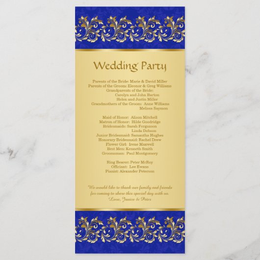 Gouden bladerige wervelingen op blauwe Wedding pro Programmakaart (Achterkant)