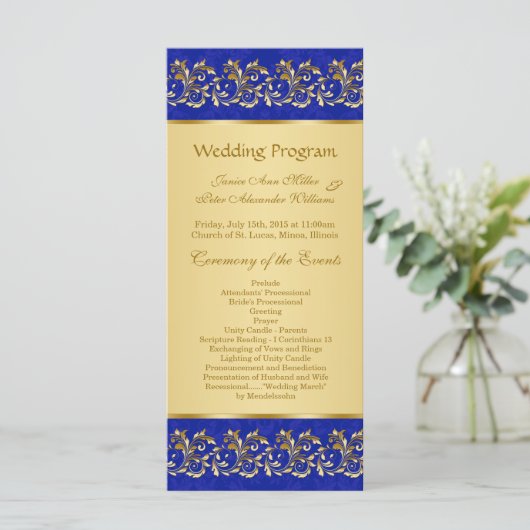 Gouden bladerige wervelingen op blauwe Wedding pro Programmakaart (Staand voorkant)