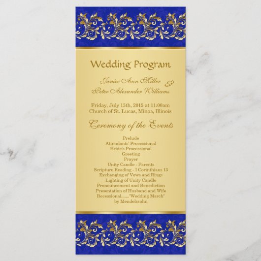 Gouden bladerige wervelingen op blauwe Wedding pro Programmakaart (Voorkant)