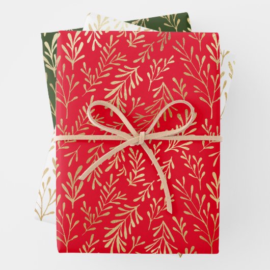 Gouden Bladpatroon Rood Groen Wit Kerstmis Inpakpapier Vel (In situ)