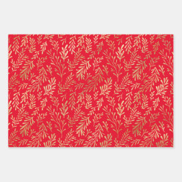 Gouden Bladpatroon Rood Groen Wit Kerstmis Inpakpapier Vel