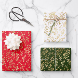 Gouden Bladpatroon Rood Groen Wit Kerstmis Inpakpapier Vel