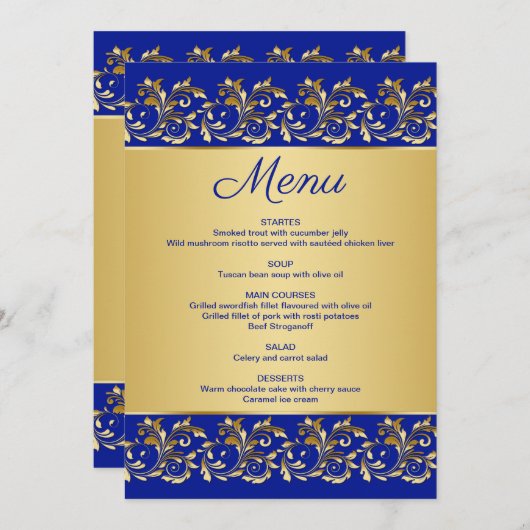 Gouden bladwervels op blauw Menu Kaart (Voorkant / Achterkant)