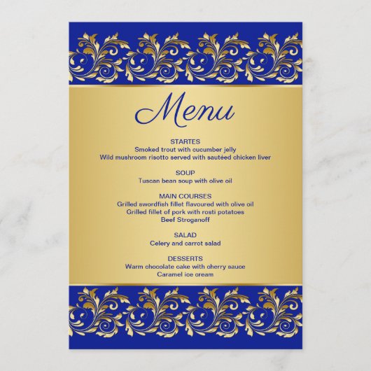 Gouden bladwervels op blauw Menu Kaart (Voorkant)