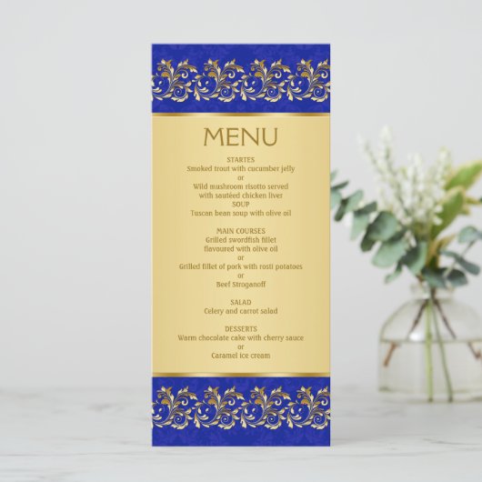 Gouden bladwervels op blauw Menu Kaart (Staand voorkant)