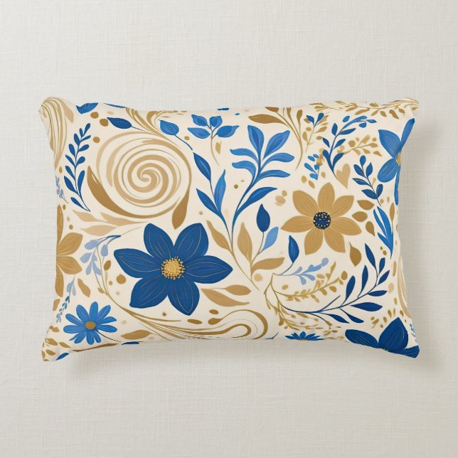 Gouden blauw-witte bloemen met wervelingen accent kussen (Voorkant)