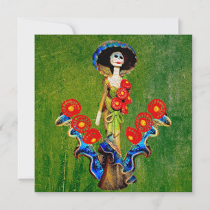Gouden Blauwe Antieke Catrina Over Groene Gewassen Kaart