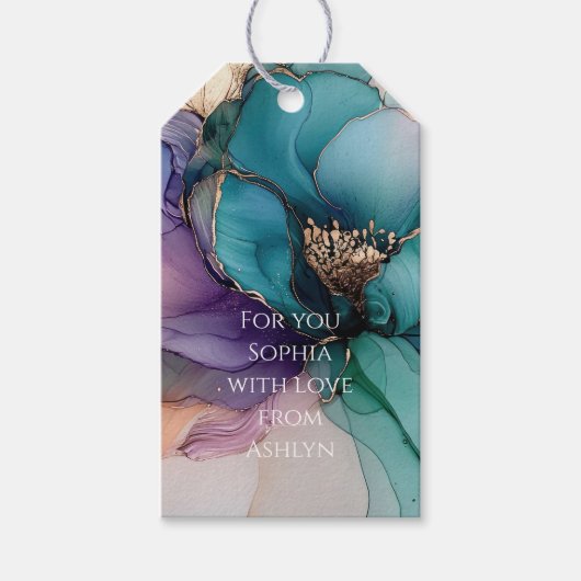 Gouden Blauwe Aqua Paarse Bloem Bruidsdouche Cadeaulabel (Voorkant)