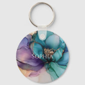 Gouden Blauwe Aqua Paarse Bloem Bruidsdouche Sleutelhanger (Voorkant)