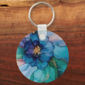 Gouden Blauwe Aqua Paarse Bloem Bruidsdouche Sleutelhanger (Achterkant)