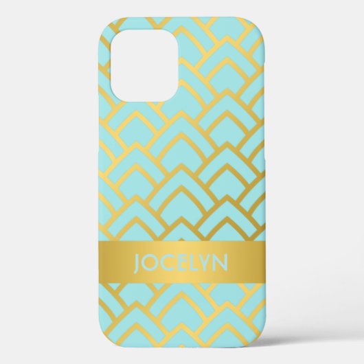 Gouden Blauwe Art Deco Geometrische Gepersonalisee Case-Mate iPhone Case (Achterkant)