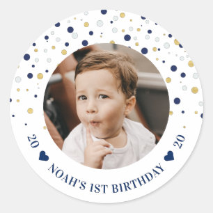 Gouden & Blauwe Ballonnen   1e Verjaardagsfeestje  Ronde Sticker