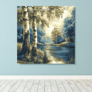 Gouden Blauwe Berkenbomen bij het Rivierlandschap Canvas Afdruk