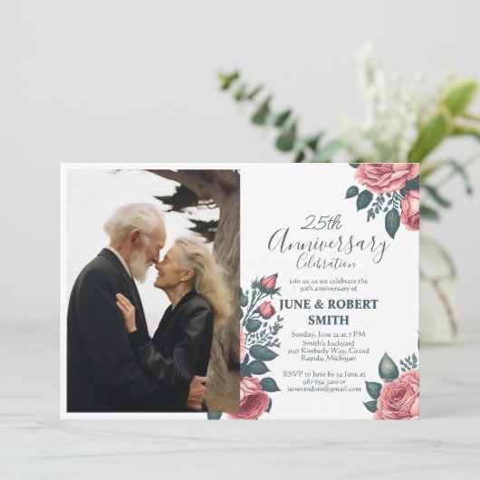 Gouden Blauwe bloem 25e trouwdagjubileum Kaart (Staand voorkant)