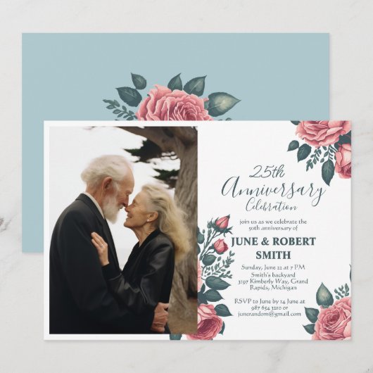 Gouden Blauwe bloem 25e trouwdagjubileum Kaart (Voorkant / Achterkant)