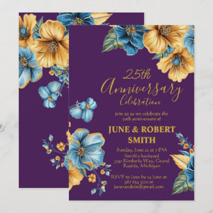 Gouden Blauwe Bloemen 25ste huwelijksverjaardag Kaart