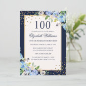 Gouden Blauwe Bloemen Sparkle 100ste Verjaardag Ui Kaart (Staand voorkant)