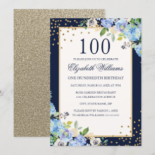 Gouden Blauwe Bloemen Sparkle 100ste Verjaardag Ui Kaart