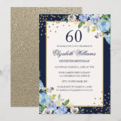 Gouden Blauwe Bloemen Sparkle 60ste Verjaardag Uit Kaart (Voorkant / Achterkant)