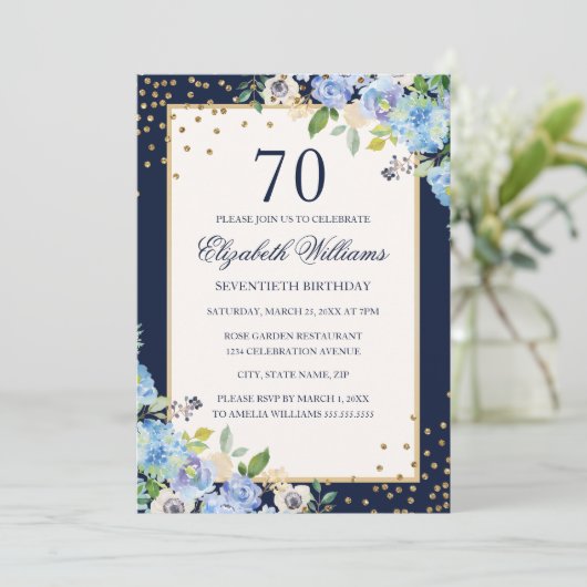 Gouden Blauwe Bloemen Sparkle 70ste Verjaardag Uit Kaart (Staand voorkant)