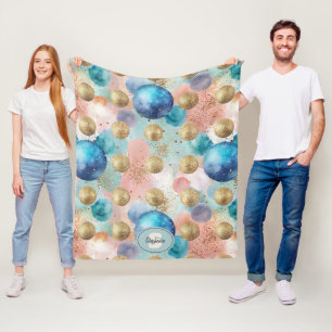 Gouden & Blauwe Cirkel Patroon met Glitter Accents Fleece Deken