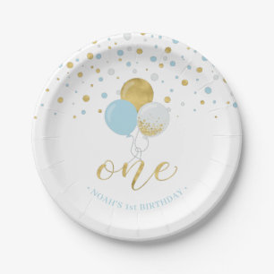 Gouden & Blauwe Confetti Ballonnen 1e Verjaardagsf Papieren Bordje