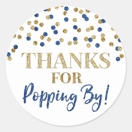 Gouden Blauwe Confetti Bedankt voor Popping By Ronde Sticker (Voorkant)