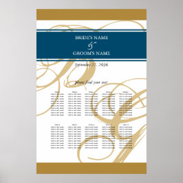 Gouden Blauwe Elegante Monogram Trouwstoelenkaart Poster