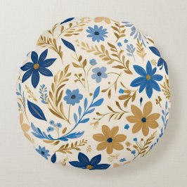 Gouden blauwe en witte bloemen rond kussen