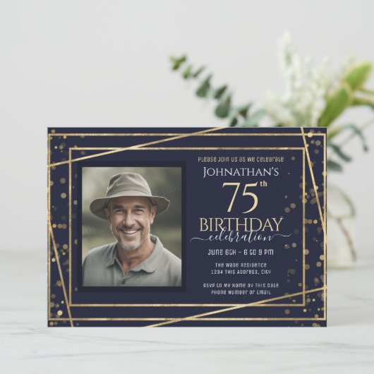 Gouden Blauwe Foto 75e Verjaardagsfeestje Kaart (Staand voorkant)