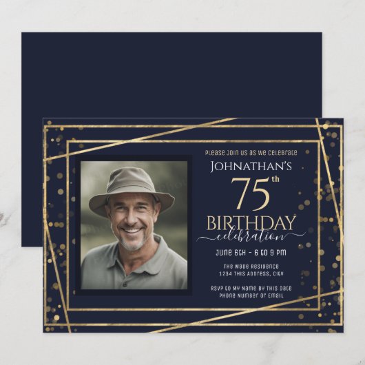 Gouden Blauwe Foto 75e Verjaardagsfeestje Kaart (Voorkant / Achterkant)