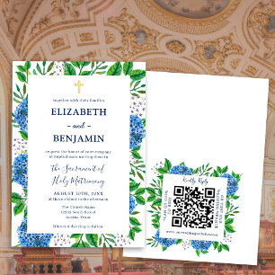 Gouden Blauwe Hortensia QR Code Katholieke Bruilof Kaart