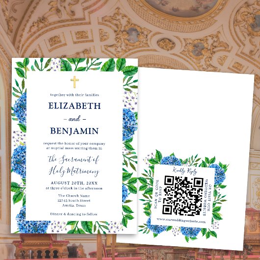Gouden Blauwe Hortensia's QR Code Katholieke bruil Kaart