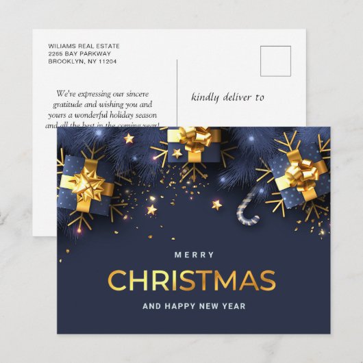 Gouden Blauwe Kerstavond Feestdagenkaart (Voorkant / Achterkant)