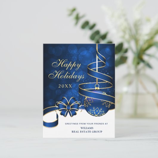 Gouden Blauwe Kerstbal Corporate Groet Feestdagenkaart (Staand voorkant)