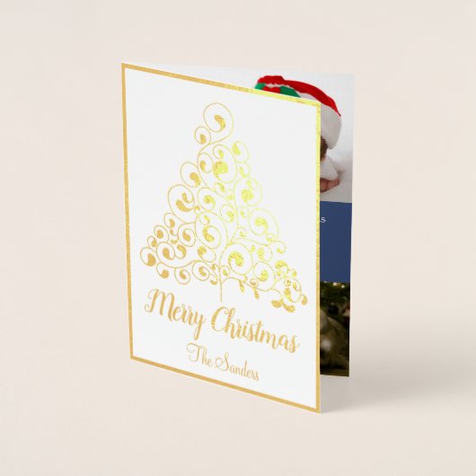 Gouden Blauwe Kerstboom Vakantie Fotocollage Folie Kaarten (Voorkant)