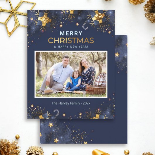 Gouden Blauwe Kerstmis Fotokaart