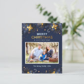 Gouden Blauwe Kerstmis Fotokaart (Staand voorkant)