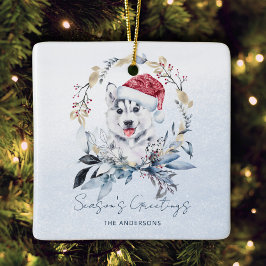 Gouden Blauwe Krans Siberische Husky Dog Pup Kerst Keramisch Ornament