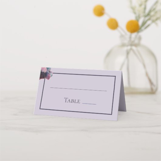 Gouden Blauwe Lavendel Paarse Hydrangea Trouwtafel Plaatskaartje (Achterkant)