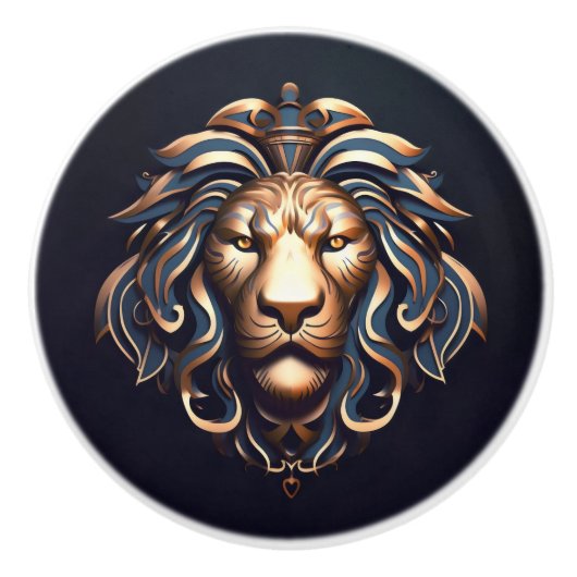 Gouden Blauwe Leeuw Keramische Knop (Voorkant)