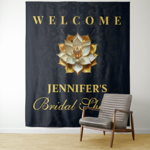 Gouden Blauwe Lotus Bruidsdouche Welkom Achtergron Wandkleed