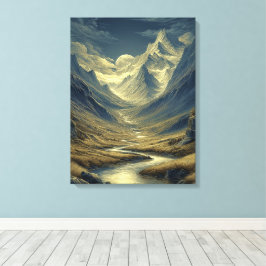 Gouden Blauwe Maanverlichte Bergvallei Landschap Canvas Afdruk