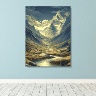 Gouden Blauwe Maanverlichte Bergvallei Landschap Canvas Afdruk
