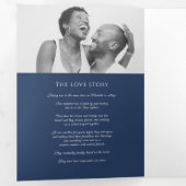 Gouden blauwe monogram krans toewijding bruiloft drieluik programma (Binnenzijde eerst)