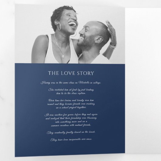 Gouden blauwe monogram krans toewijding bruiloft drieluik programma (Binnenzijde eerst)